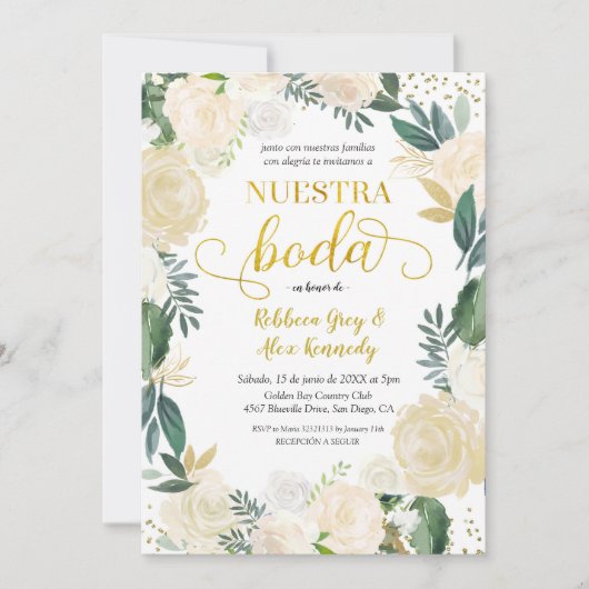 White Floral Nuestra Boda Mexican Wedding Invitati Einladung (Vorderseite)