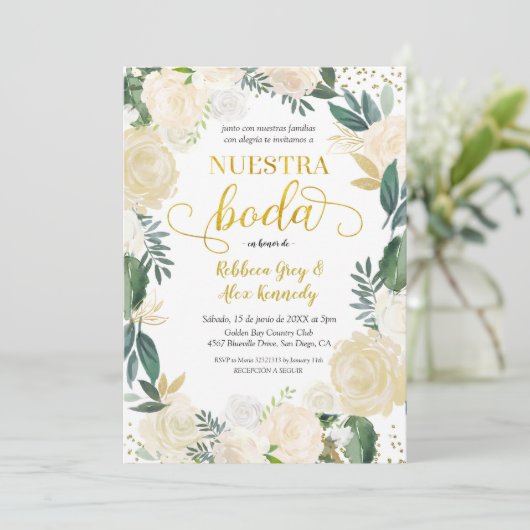 White Floral Nuestra Boda Mexican Wedding Invitati Einladung (Stehend Vorderseite)