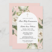 White Floral on Pink First Holy Communion Einladung (Vorne/Hinten)