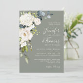 White Floral on Sage Green Elegant Wedding Einladung (Stehend Vorderseite)