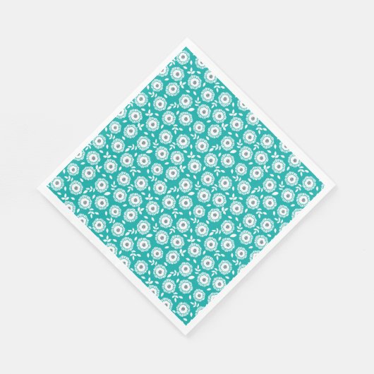 White floral pattern on turquoise background serviette (Ecke)