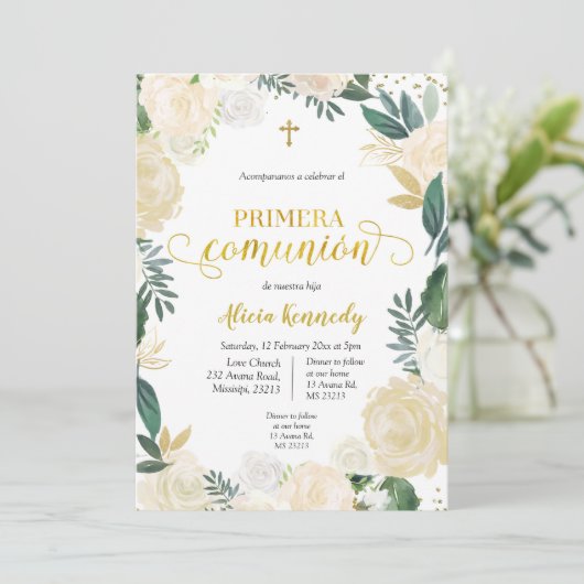 White Floral Primera Comunió n Invitacion Invitat Einladung (Stehend Vorderseite)