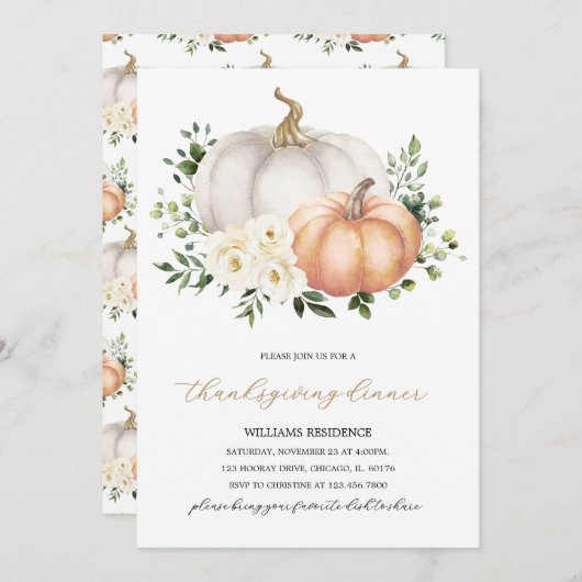 White Floral Pumpkin Erntedank Dinner Einladung (Vorne/Hinten)