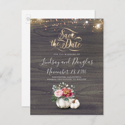 White Floral Pumpkin Rustic Fall Save the Date Ann Ankündigungspostkarte (Vorne/Hinten)