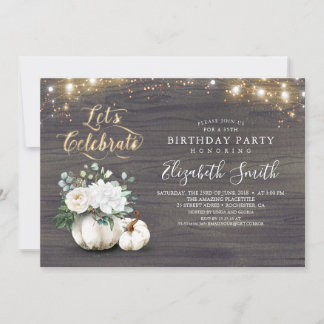 White Floral Pumpkin Rustikaler Fall Geburtstagspa Einladung