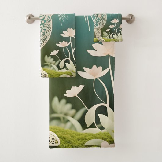 White Floral Rabbit Spring Art Badhandtuch Set (Insitu)