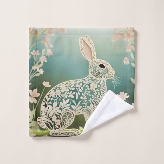 White Floral Rabbit Spring Art Badhandtuch Set (Waschlappen)