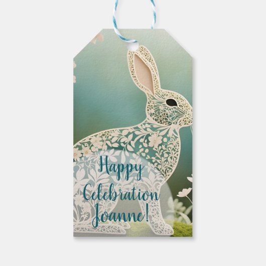 White Floral Rabbit Spring Art Geschenkanhänger (Rückseite)