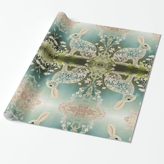 White Floral Rabbit Spring Art Geschenkpapier (Ungerollt)