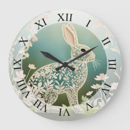 White Floral Rabbit Spring Art Große Wanduhr