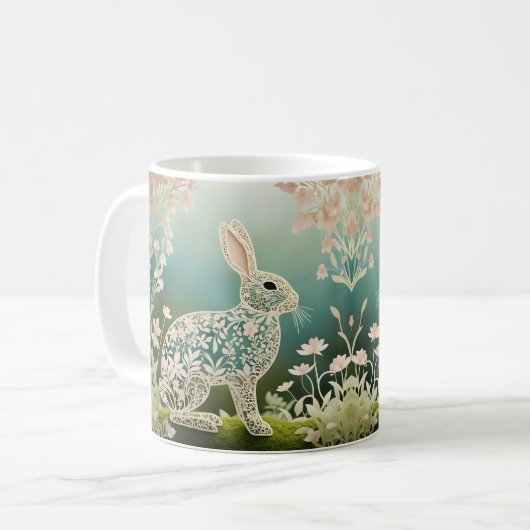 White Floral Rabbit Spring Art Kaffeetasse (Vorderseite Links)