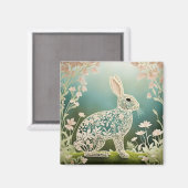 White Floral Rabbit Spring Art Magnet (Vorderseite/Rückseite)