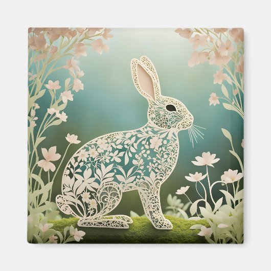 White Floral Rabbit Spring Art Magnet (Vorne)