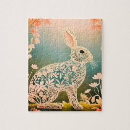 White Floral Rabbit Spring Art Puzzle
