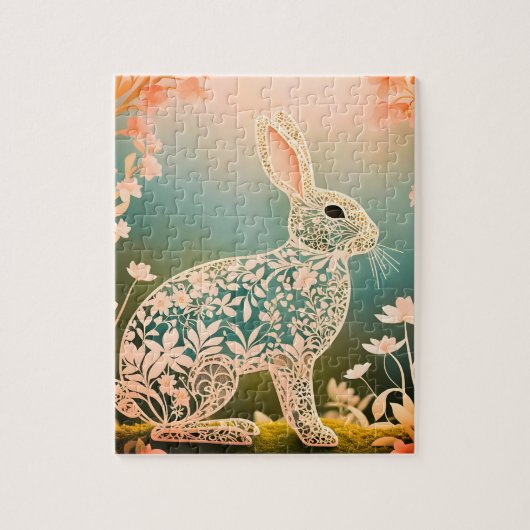White Floral Rabbit Spring Art Puzzle (Vertikal)