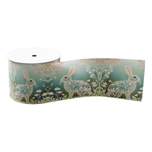 White Floral Rabbit Spring Art Ripsband (Spule)
