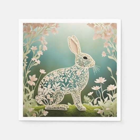 White Floral Rabbit Spring Art Serviette (Vorderseite)