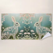 White Floral Rabbit Spring Art Strandtuch (Vorderseite)