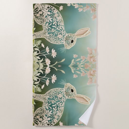 White Floral Rabbit Spring Art Strandtuch (Vorderseite)