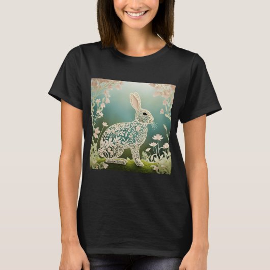 White Floral Rabbit Spring Art T-Shirt (Vorderseite)