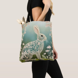 White Floral Rabbit Spring Art Tasche