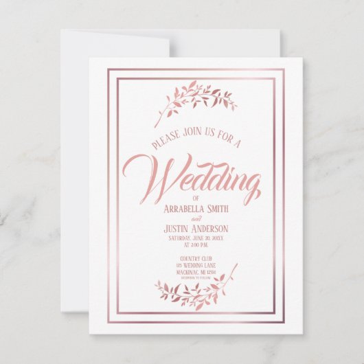 White Floral Rose Gold Script Hochzeit Einladung (Vorderseite)
