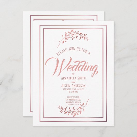 White Floral Rose Gold Script Hochzeit Einladung (Vorne/Hinten)