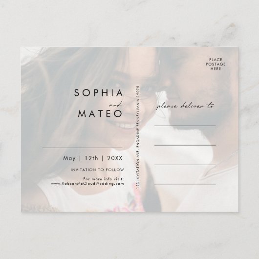 White Floral Script Foto Save the Date Postcard Einladungspostkarte (Rückseite)