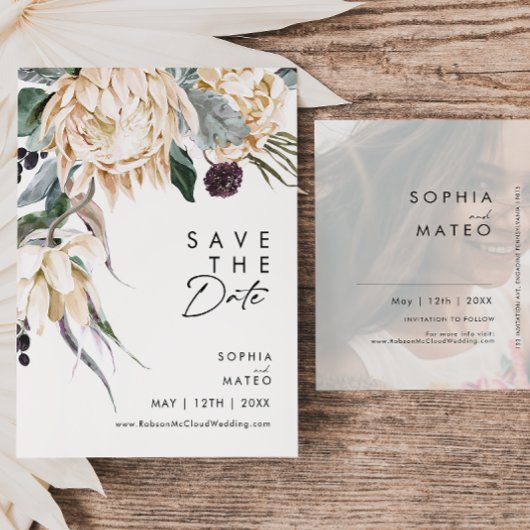 White Floral Script Foto Save the Date Postcard Einladungspostkarte
