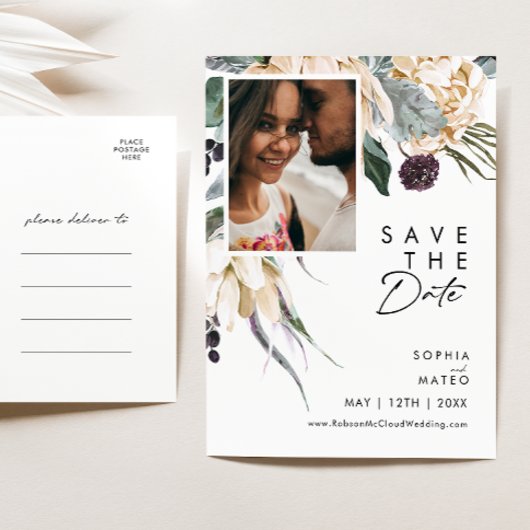 White Floral Script Foto Save the Date Postcard Einladungspostkarte