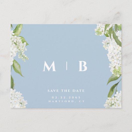 White Floral Sky Blue Wedding Save the Date Postkarte (Vorderseite)