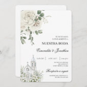 White Floral Spanish church Wedding Invitation Einladung (Vorne/Hinten)