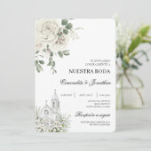 White Floral Spanish church Wedding Invitation Einladung (Stehend Vorderseite)