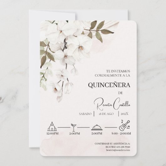 White Floral Spanish quinceañera Einladung (Vorderseite)
