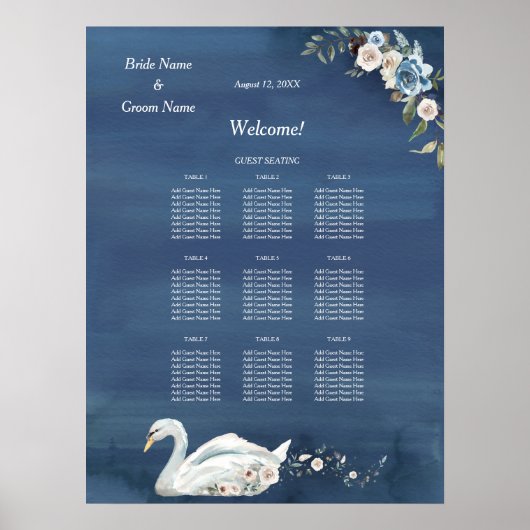 White Floral Swan Hochzeitsdinner Seetabelle Poster (Vorne)