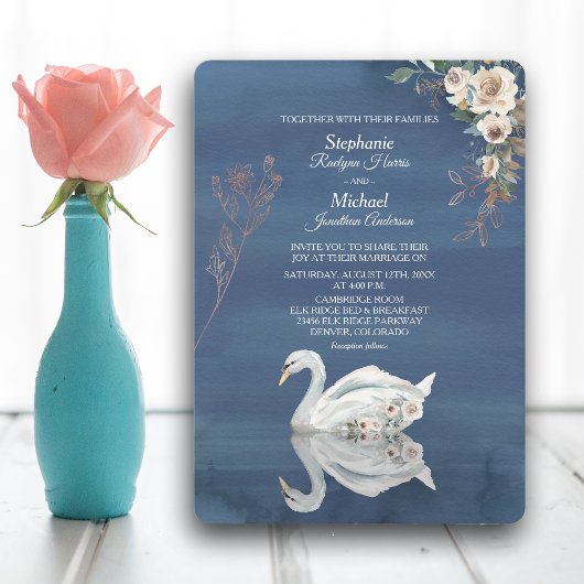 White Floral Swan on Blue Wedding Einladung