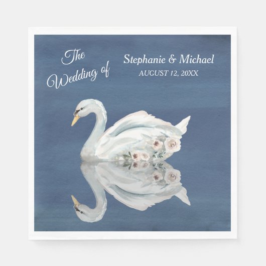 White Floral Swan on Blue Wedding Serviette (Vorderseite)
