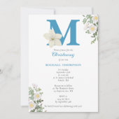White Floral Taufe Christening Baby Boy Initials Einladung (Vorderseite)