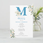 White Floral Taufe Christening Baby Boy Initials Einladung (Stehend Vorderseite)