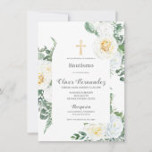 White Floral Taufe Spanische Einladung (Vorderseite)
