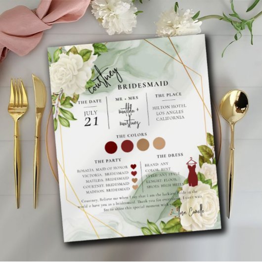 White Floral Text Script Bridesmaid Info Card