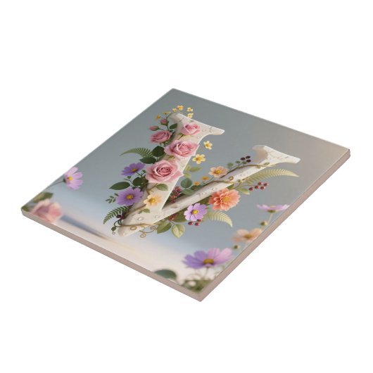 White Floral Textured Monogram Letter V Fliese (Seite)