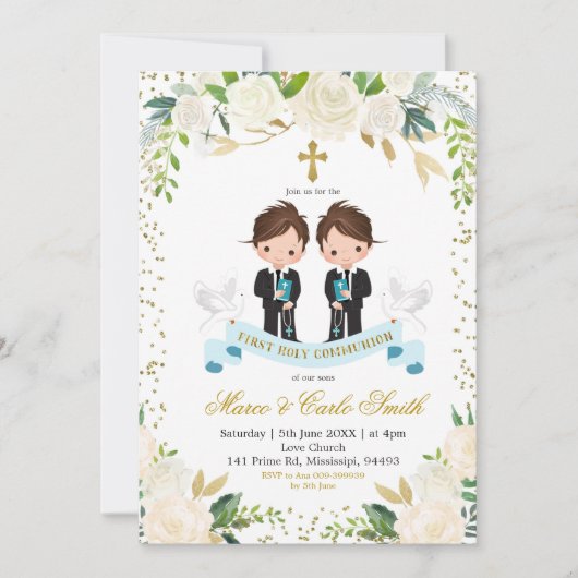 White Floral Twin Boy First Heilige Kommune Einladung (Vorderseite)