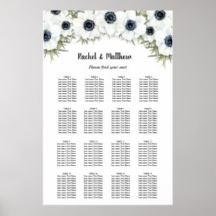 White Floral Wedding 16 Table Seating Chart Poster