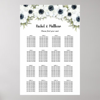 White Floral Wedding 16 Table Seating Chart Poster