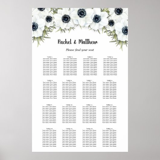 White Floral Wedding 16 Table Seating Chart Poster (Vorne)