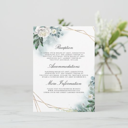 White Floral Wedding Details Gast Begleitkarte (Stehend Vorderseite)