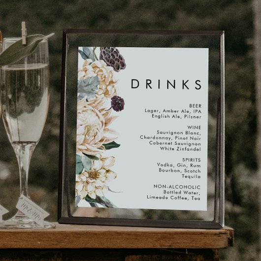 White Floral Wedding Drinks Zeichen Poster