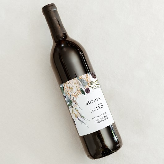 White Floral Wedding Wine Label Weinetikett