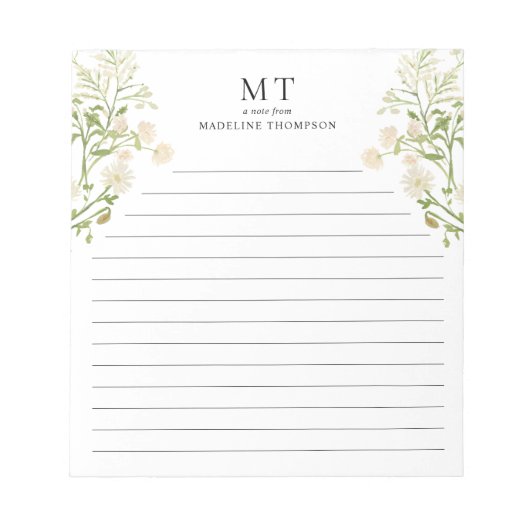 White Floral Wildflower Classic Monogram Lined Notizblock (Vorderseite)